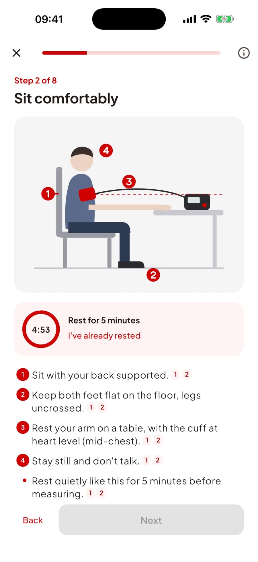 Step 2 of the measuring guide: sit comfortably, with a diagram and a 5-minute rest timer