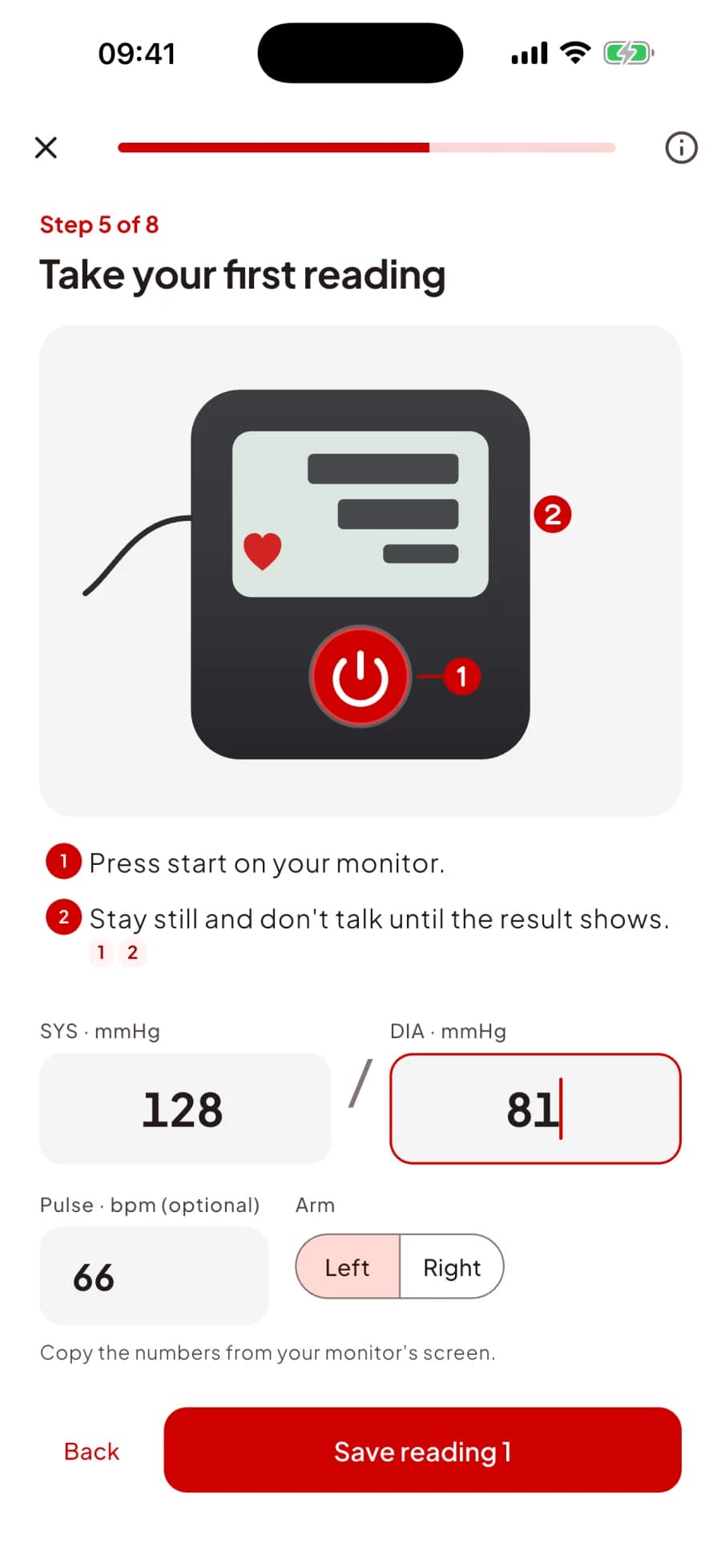 Entering a reading of 128/81 with a pulse of 66