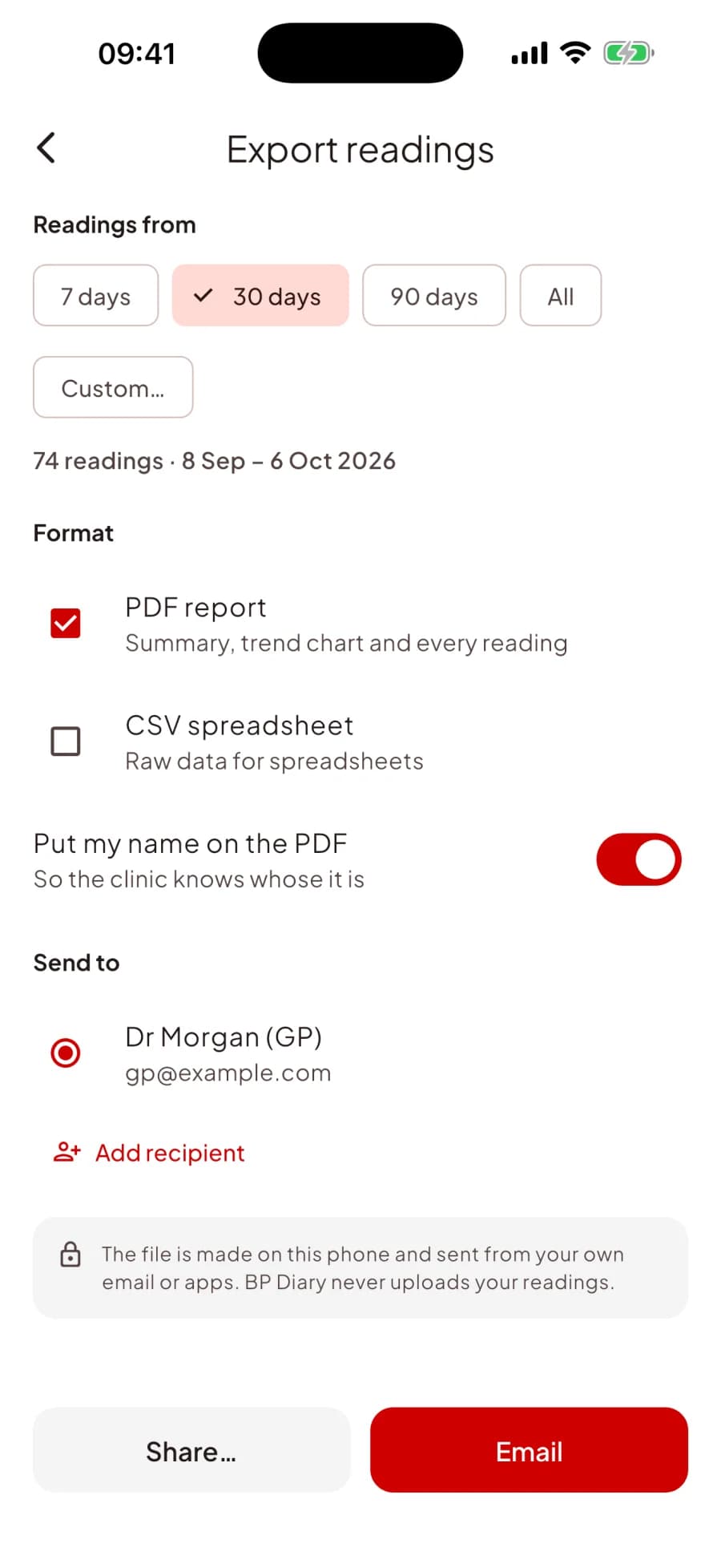 Export screen with a PDF report selected and a GP as the recipient